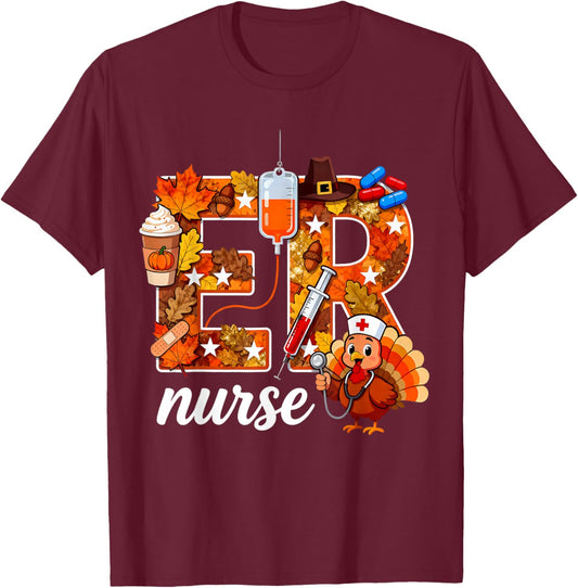 ER Thanksgiving Nurse Turkey Fall Leaves Coffee Syringe T-Shirt - T-Shirt | Maroon