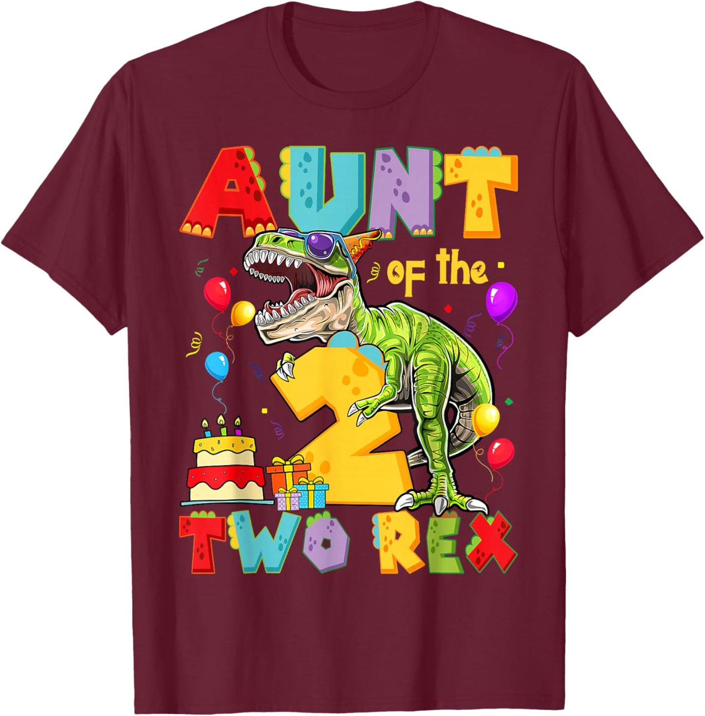 Aunt of The Two Rex 2nd Birthday Boy Dinosaur T-Rex T-Shirt - T-Shirt | Maroon