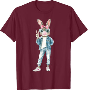 Funny Bunny Sunglasses Rabbit Coquette Bow Easter Trendy T-Shirt - T-Shirt | Maroon