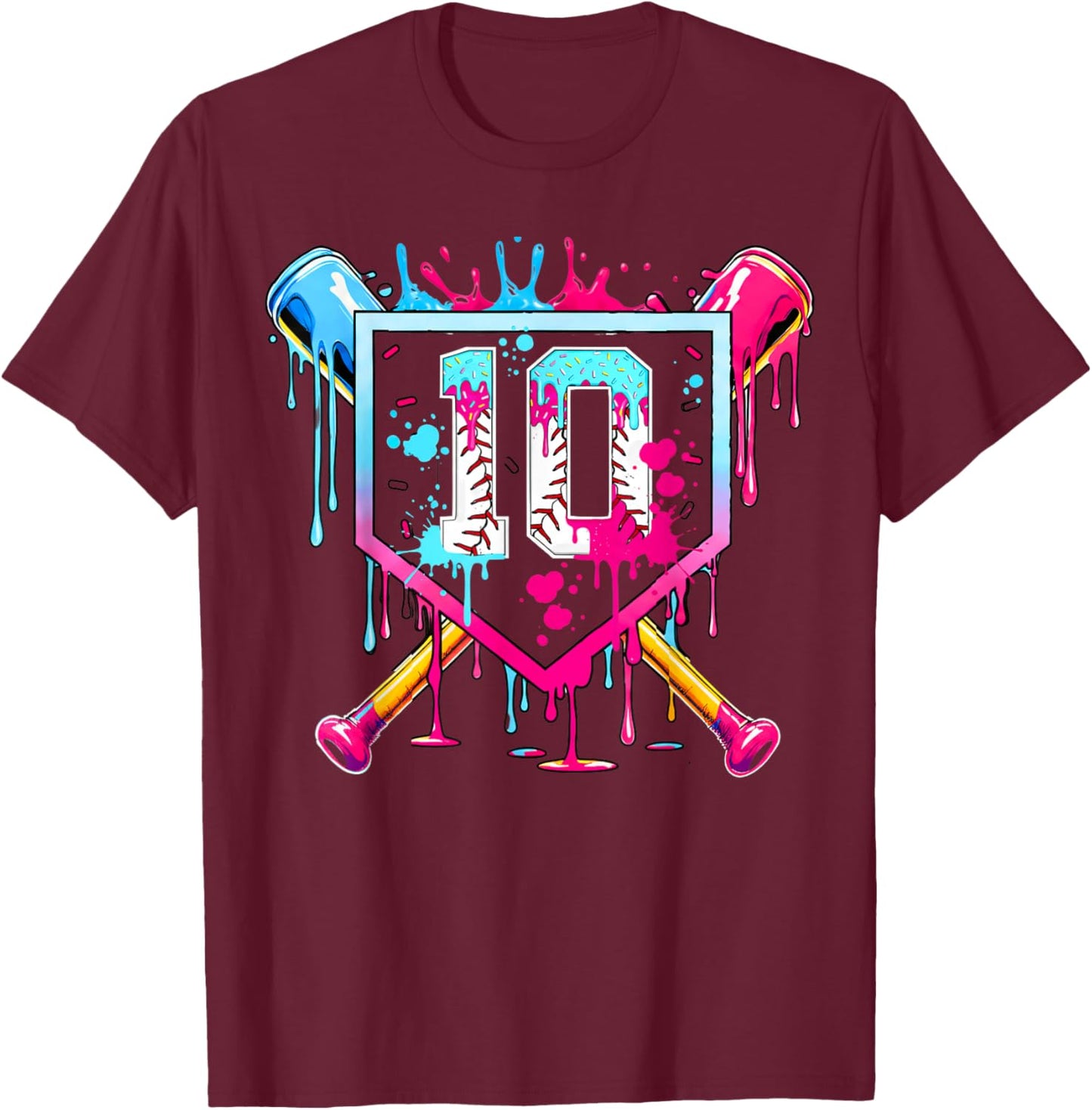 10th Birthday Boys Baseball Ice Cream Drip Boys Baseball T-Shirt - T-Shirt | Maroon