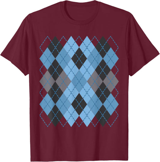 Retro Argyle Plaid Pattern Design in Shades of Bleu & Grey T-Shirt - T-Shirt | Maroon