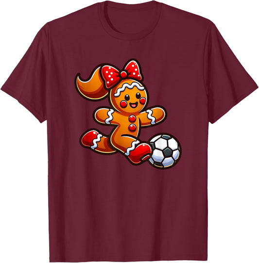 Soccer Gingerbread Girl Christmas Coquette Bow Sports Xmas T-Shirt - T-Shirt | Maroon