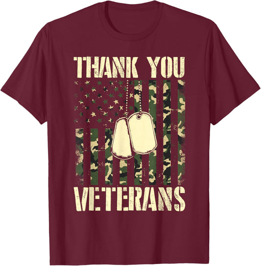 Thank You Veterans Patriotic Dog Tag American Flag Men Women T-Shirt - T-Shirt | Maroon