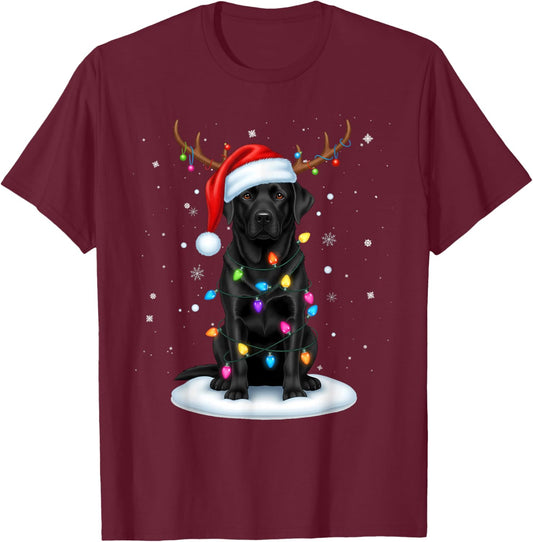Black Lab Labrador Christmas Dog Reindeer Lights Pajama Xmas T-Shirt - T-Shirt | Maroon