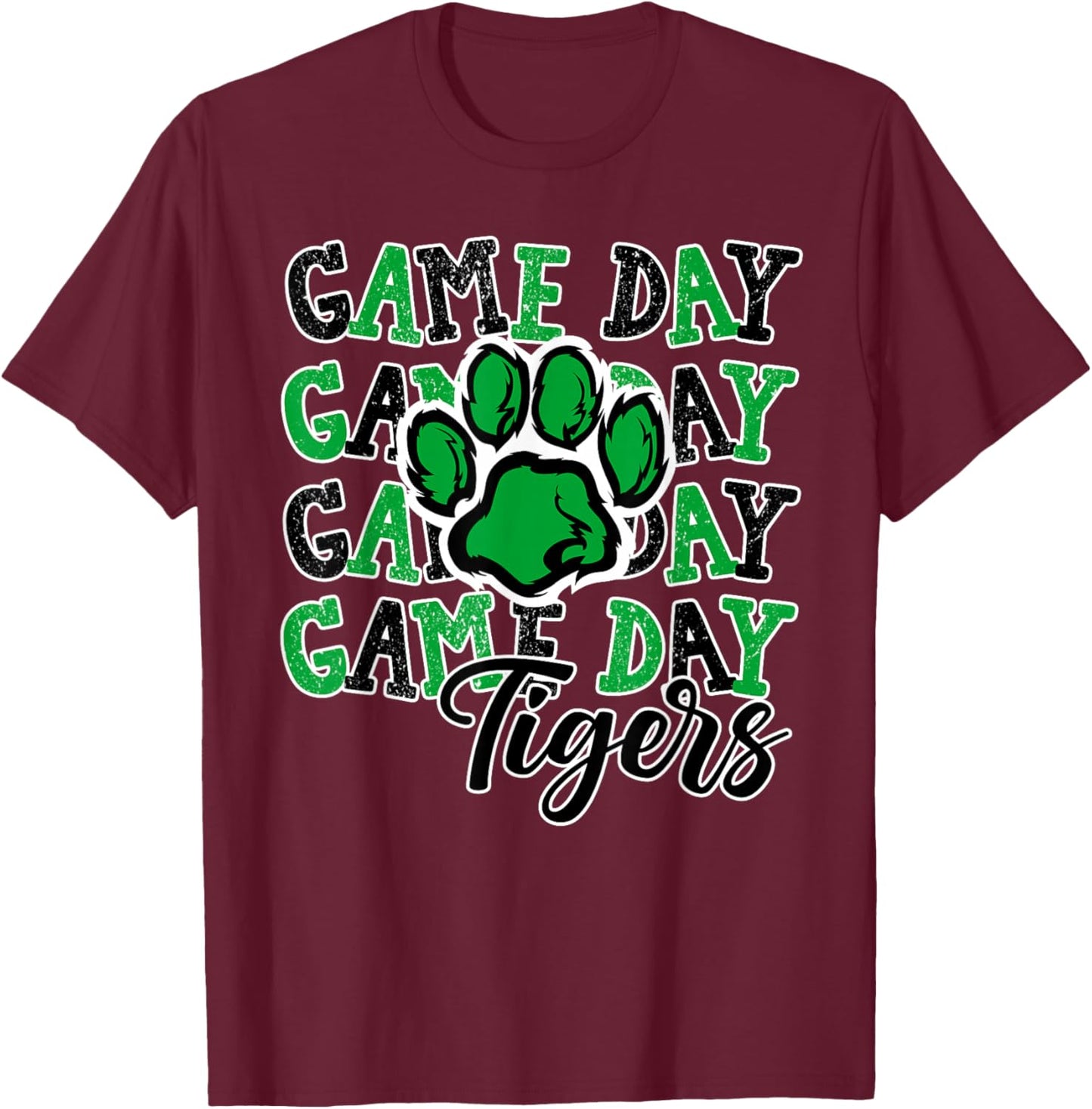 Game Day Tigers Green Paw Print School Spirit Mascot Tiger T-Shirt - T-Shirt | Maroon