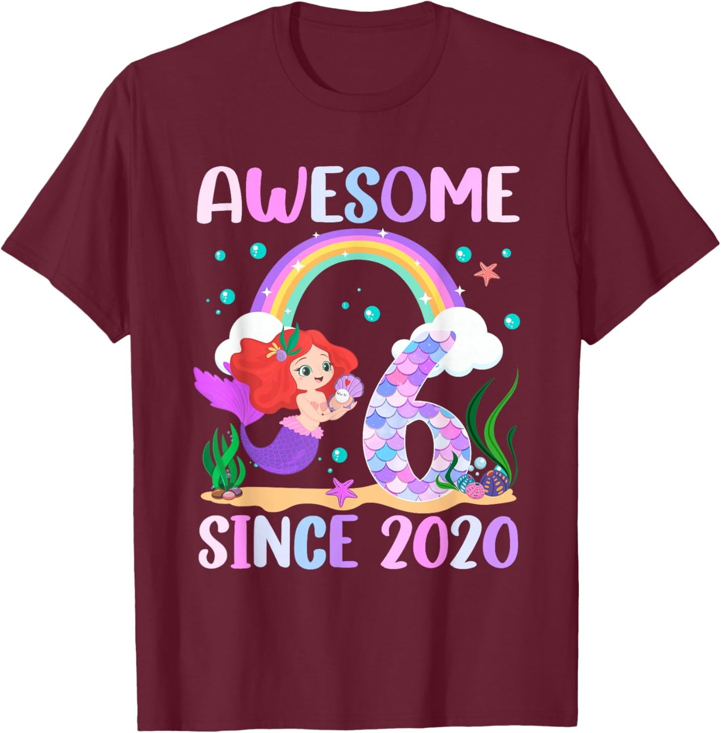 6th Birthday Girl Mermaid Theme Awesome Since 2020 T-Shirt - T-Shirt | Maroon