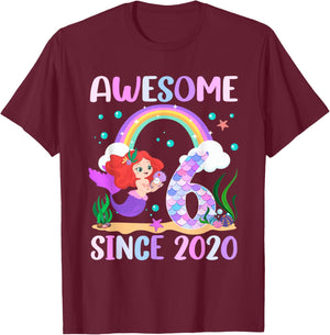 6th Birthday Girl Mermaid Theme Awesome Since 2020 T-Shirt - T-Shirt | Maroon