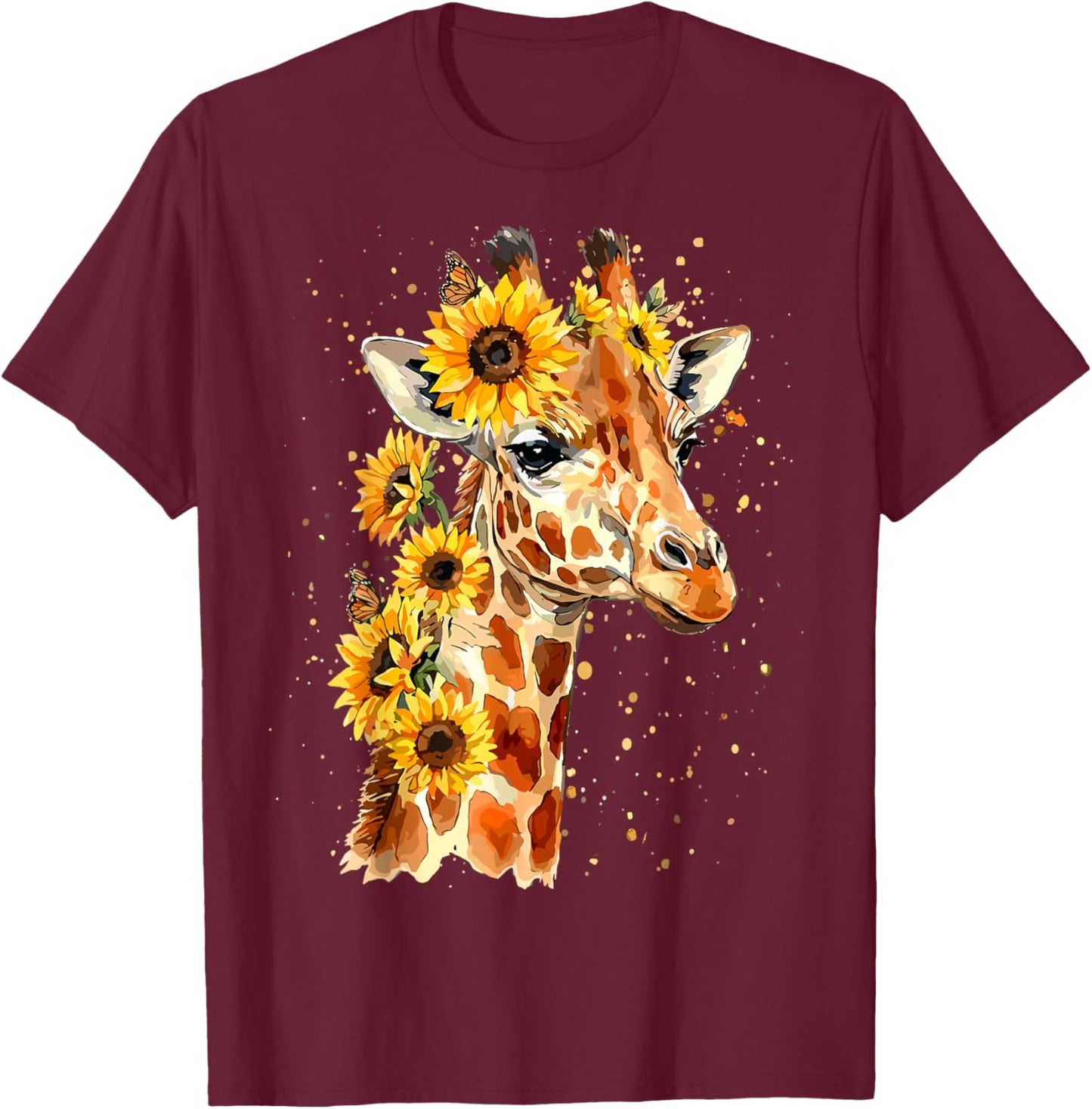 Sunflower Giraffe Cute Floral Safari Animal T-Shirt - T-Shirt | Maroon