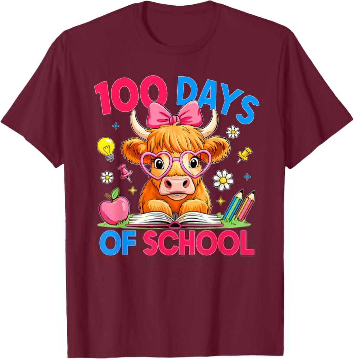 Highland Cow 100 Days of School Teacher Kids 100th Day T-Shirt - T-Shirt | Maroon