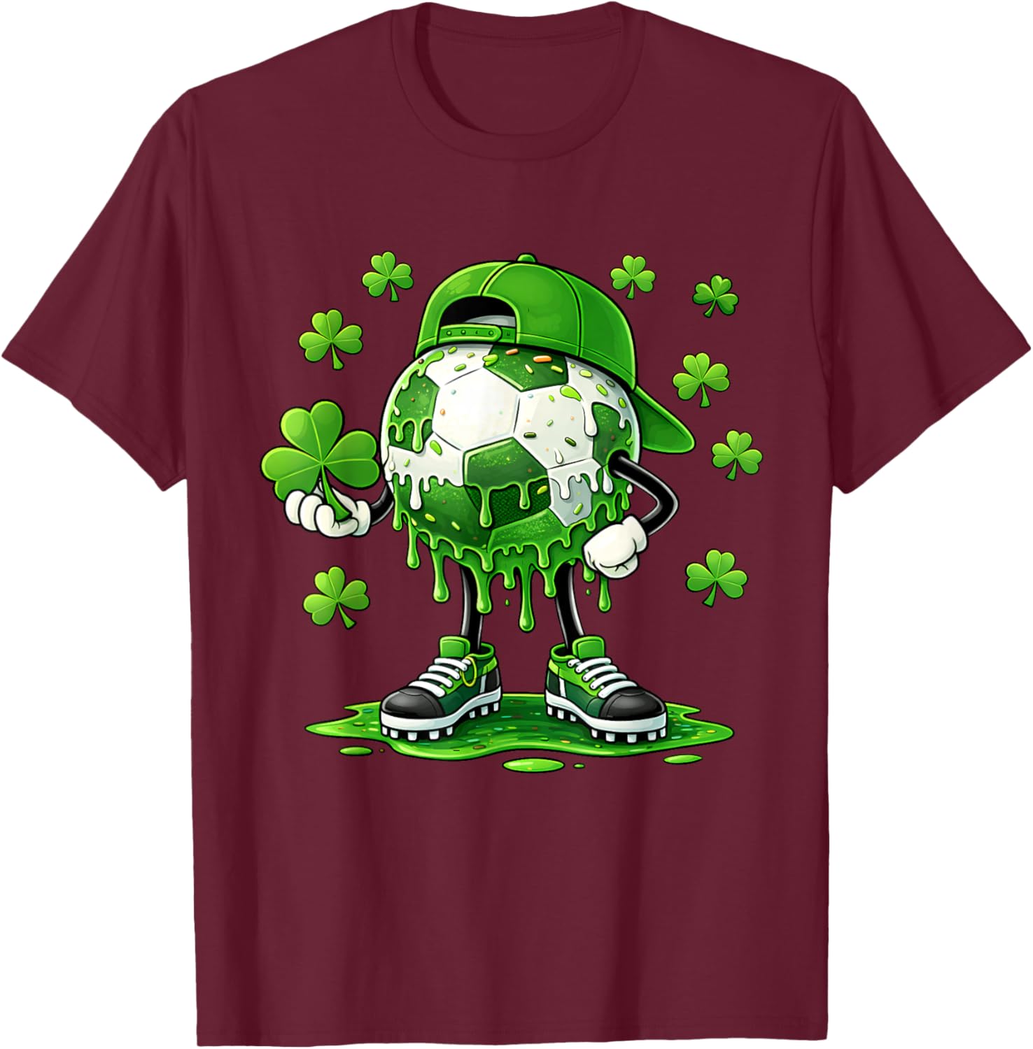 Soccer St Patricks Day Boys Kids Drip Sport Green Shamrock T-Shirt - T-Shirt | Maroon