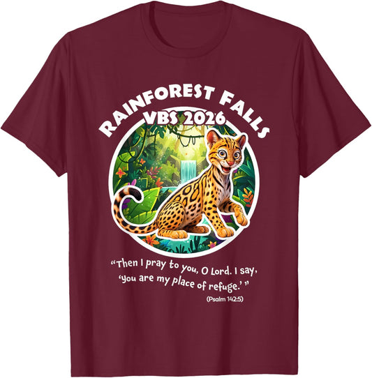 Rainforest Falls VBS 2026 Leopard Jesus Faith Bible Verse T-Shirt - T-Shirt | Maroon