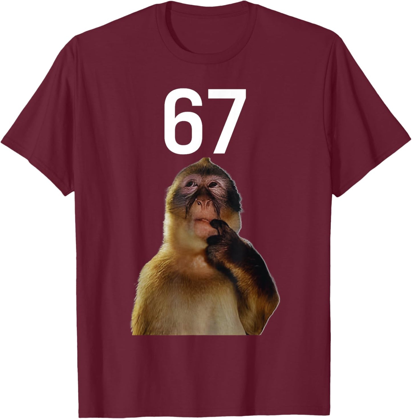Monkey Thinking 67 Funny Six Seven Monkey Meme Brainrot Gift T-Shirt - T-Shirt | Maroon