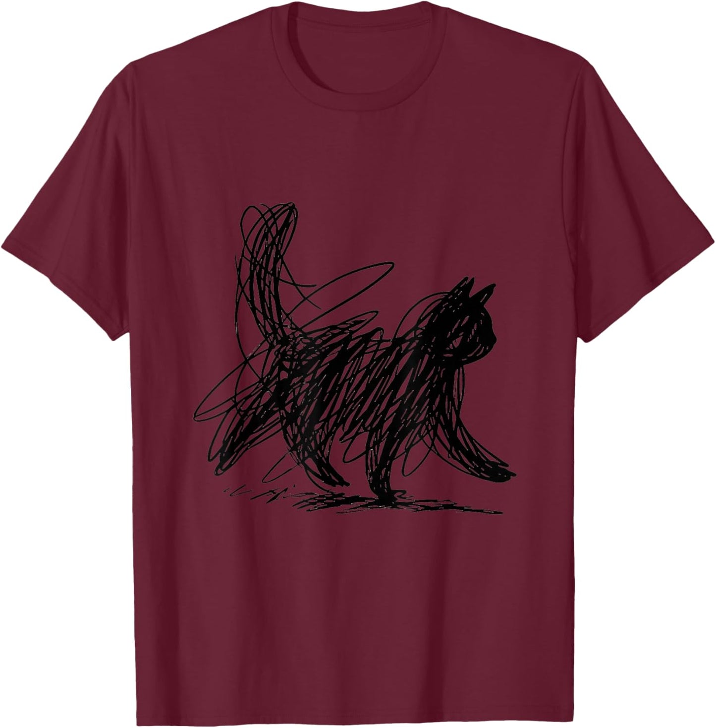 Abstract Scribble Black Cat Minimal Line Art Aesthetic T-Shirt - T-Shirt | Maroon