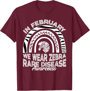 in February We Wear Zebra Ribbon Rare Disease Awareness T-Shirt - T-Shirt | Maroon