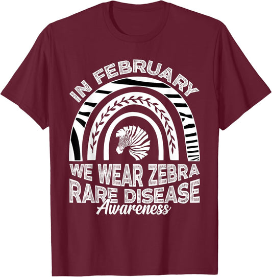 in February We Wear Zebra Ribbon Rare Disease Awareness T-Shirt - T-Shirt | Maroon