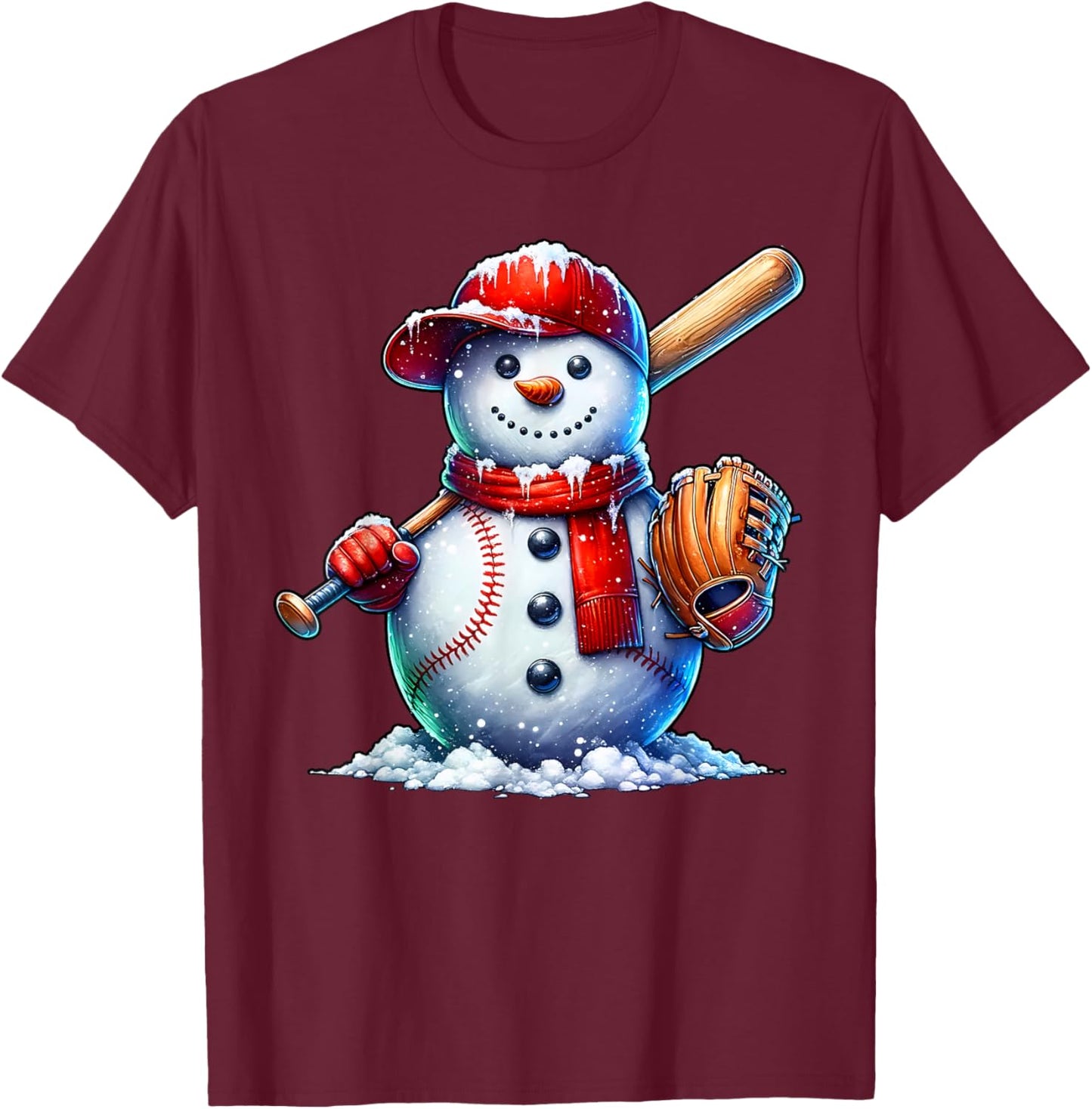 Cute Christmas Baseball Snowman Game Day Women Men Boys Kids T-Shirt - T-Shirt | Maroon