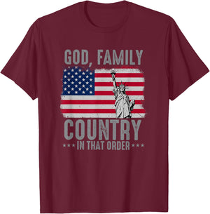 god Family Country in That Order American Flag Patriot USA T-Shirt - T-Shirt | Maroon