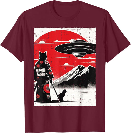 Japanese Cat Kimono UFO Red Sun Samurai Art Men Women Kids T-Shirt - T-Shirt | Maroon