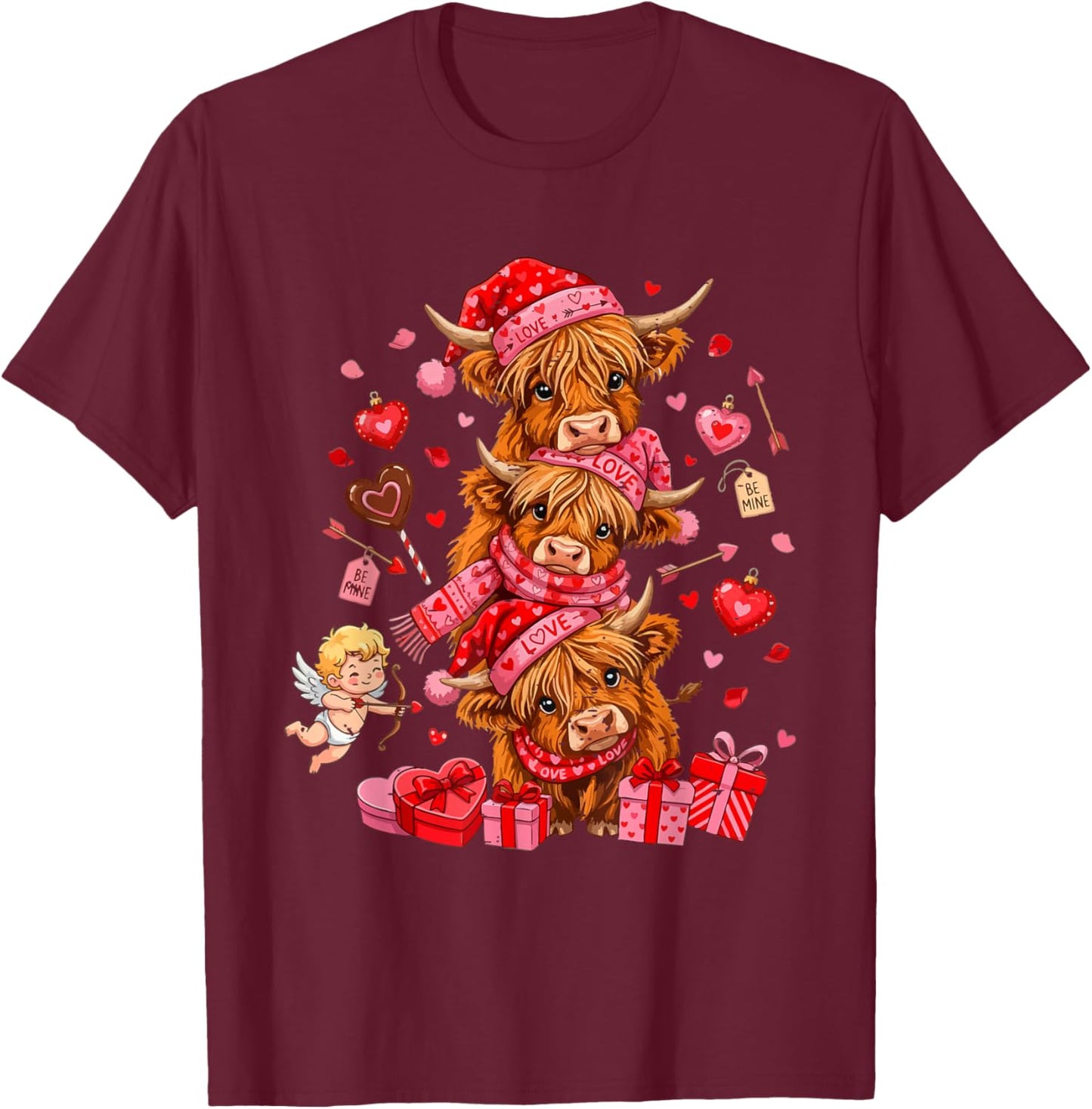 Funny Valentine Highland Cow Lover XOXO Be Mine Cute Cupid T-Shirt - T-Shirt | Maroon