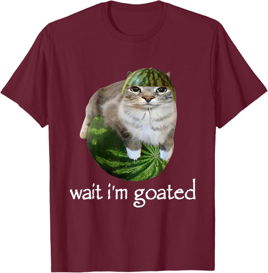 Wait I'm Goated Watermelon Cat Brainrot Silly Staring Cat T-Shirt - T-Shirt | Maroon