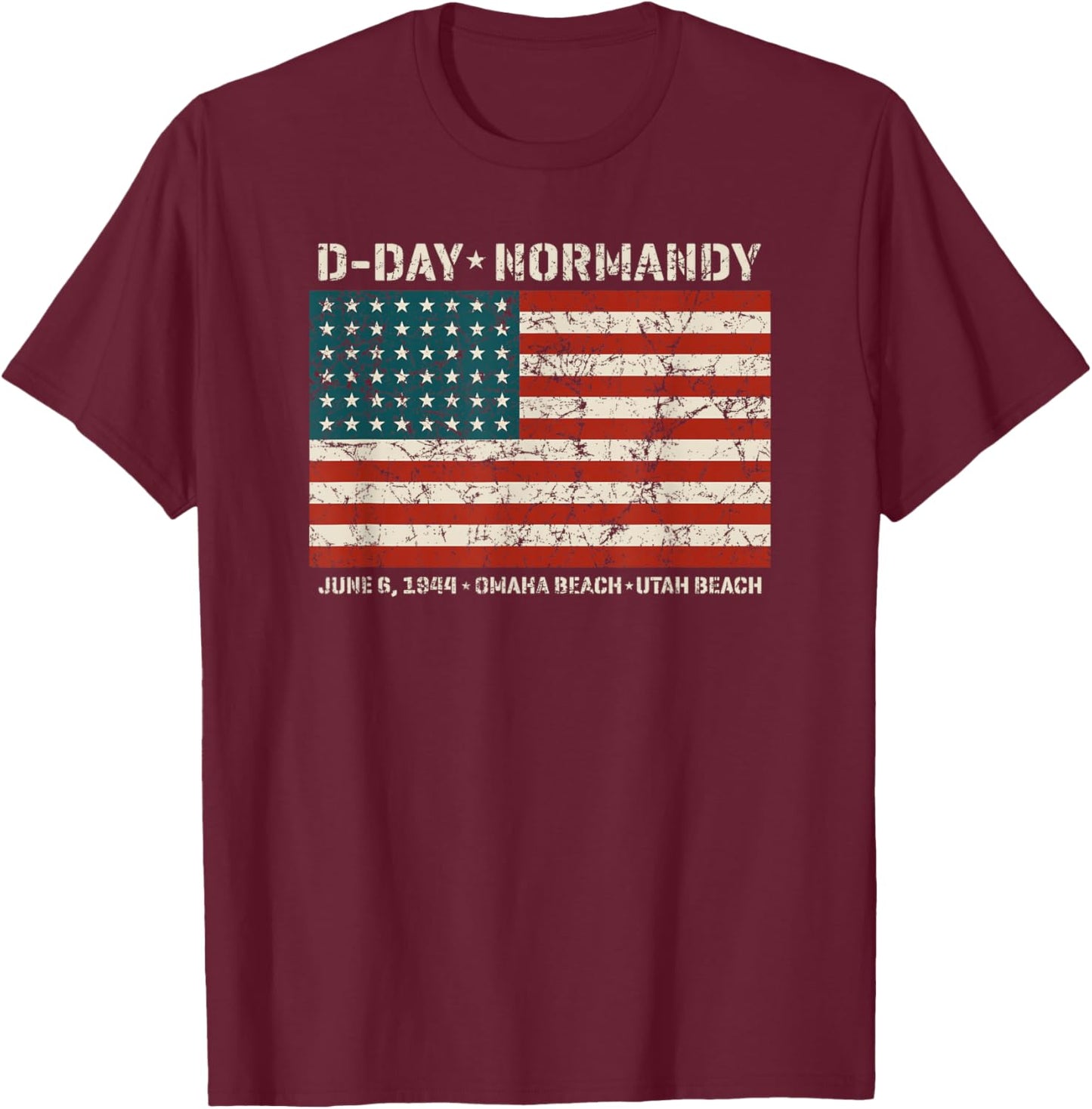D-Day Normandy Omaha Utah Beaches 48 Star American Flag Aged T-Shirt - T-Shirt | Maroon