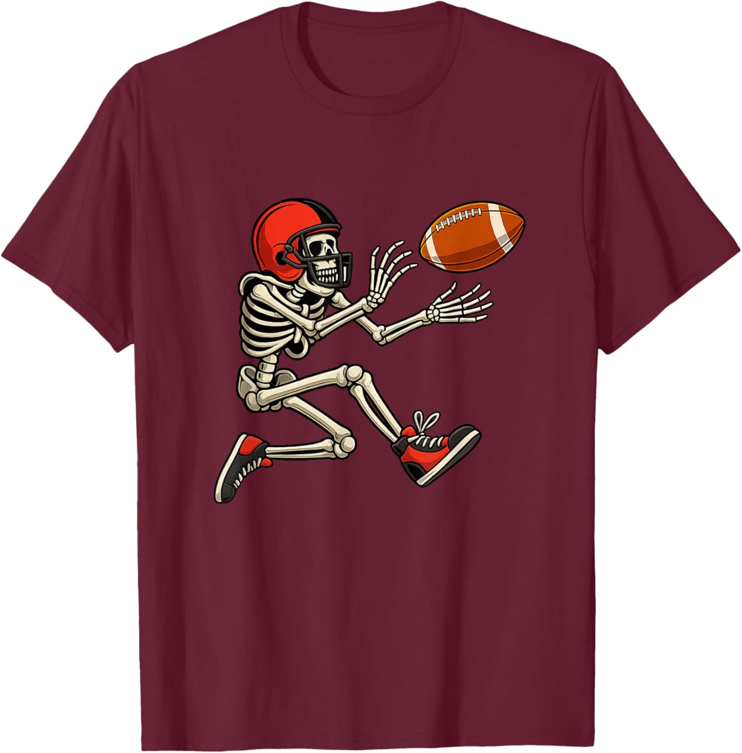 Funny Halloween Football Skeleton Catching a Football Gifts T-Shirt - T-Shirt | Maroon
