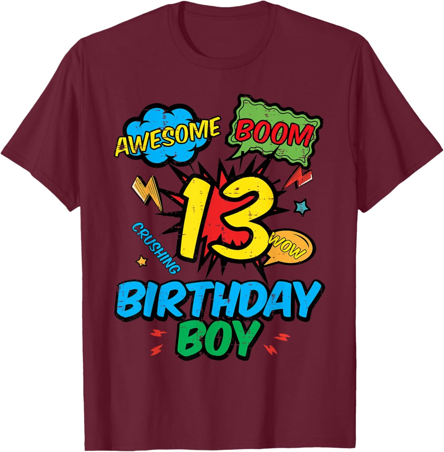 13 Birthday Boy Comic 13th Bday Superhero Party Boys Teens T-Shirt - T-Shirt | Maroon
