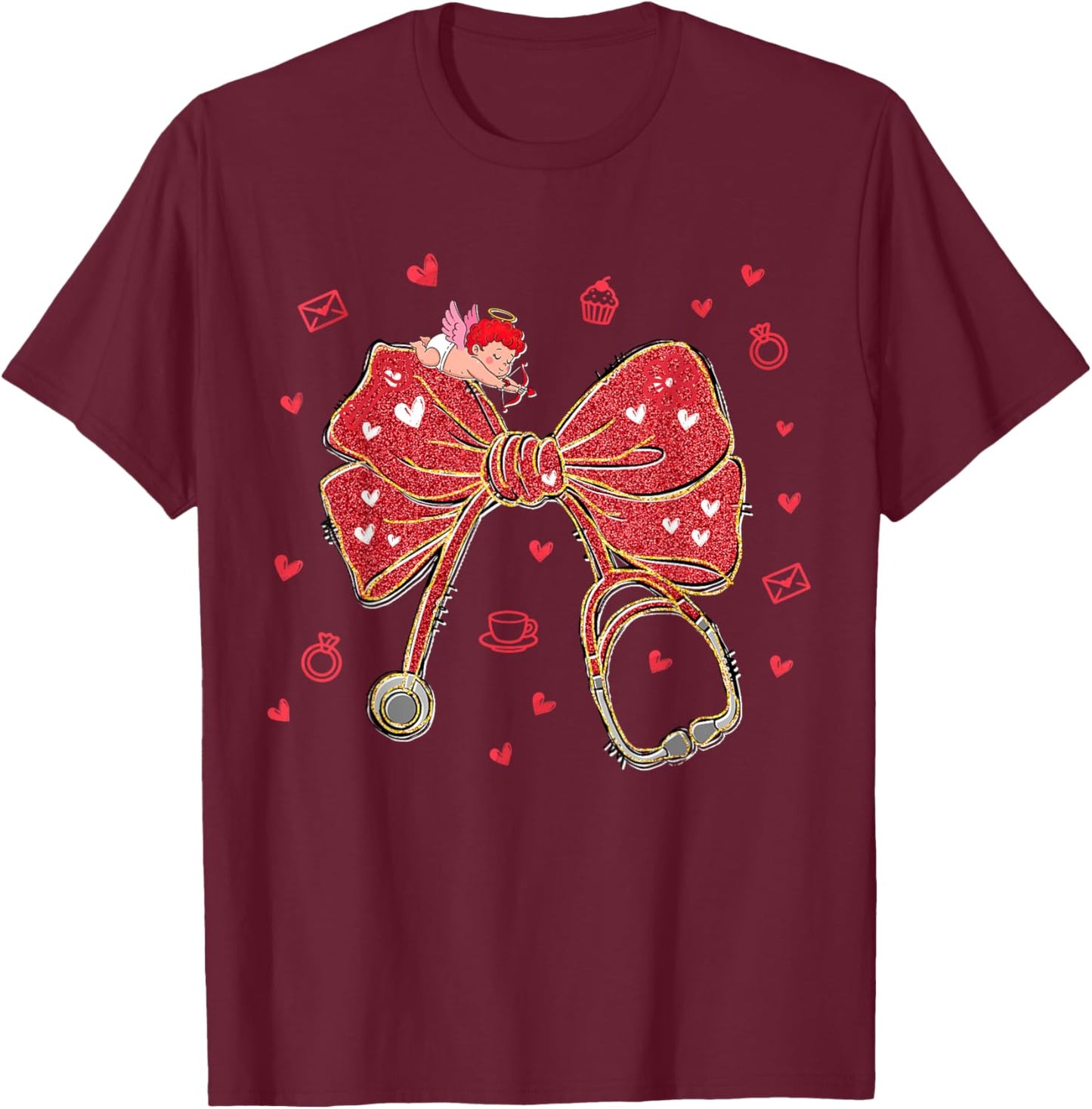 Valentines Nurse Coquette Bow Stethoscope Cupid Nursing Life T-Shirt - T-Shirt | Maroon