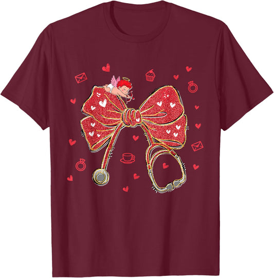 Valentines Nurse Coquette Bow Stethoscope Cupid Nursing Life T-Shirt - T-Shirt | Maroon