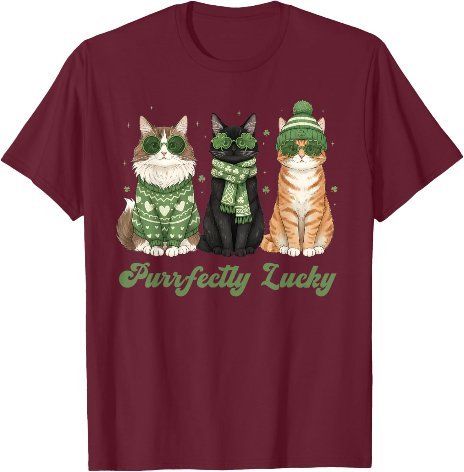 Purrfectly Lucky Cat St Patrick’s Funny Irish Shamrock Cat T-Shirt - T-Shirt | Maroon