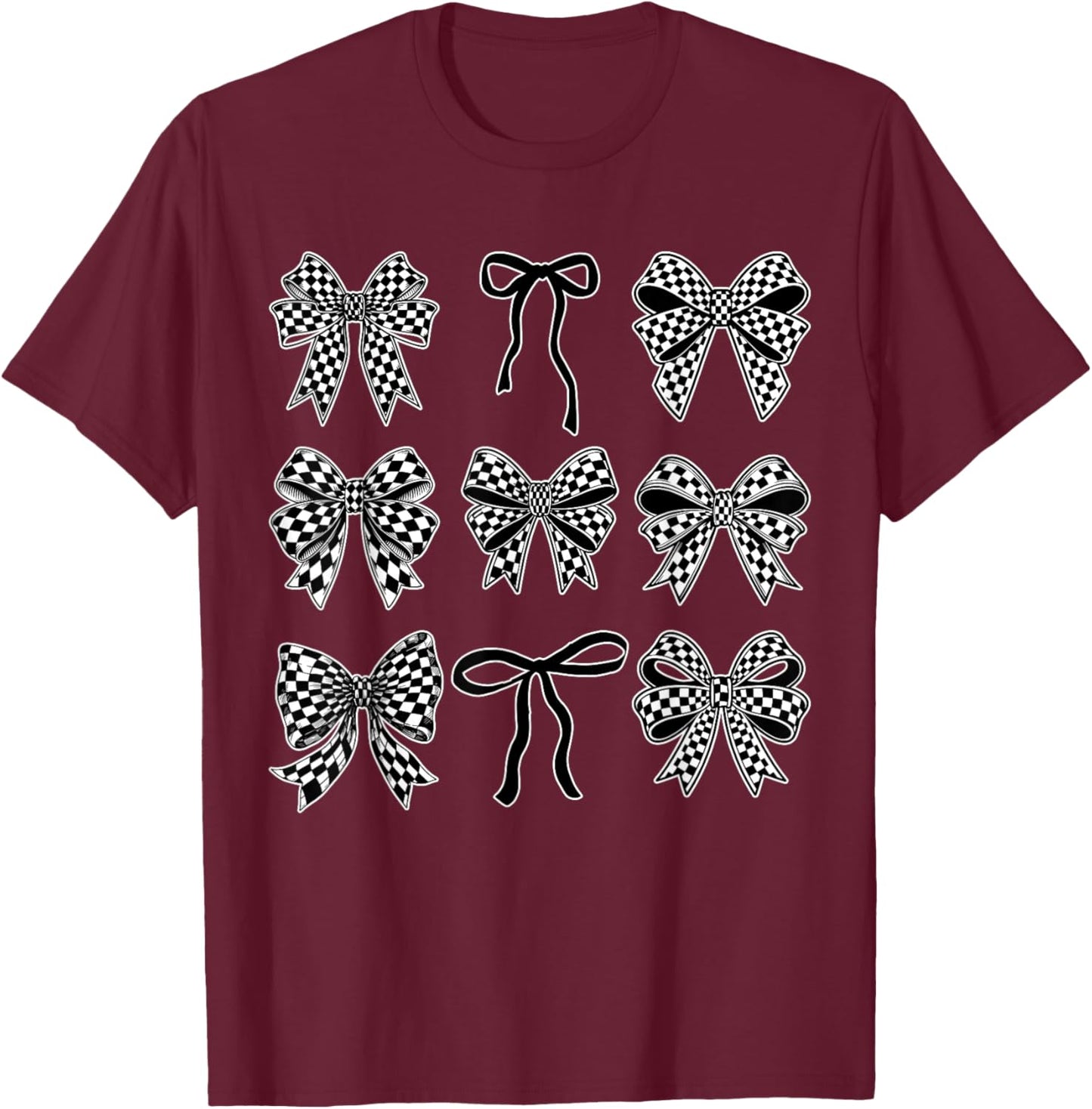 Coquette Bow Race Car Racing Cute Checkered Flag T-Shirt - T-Shirt | Maroon
