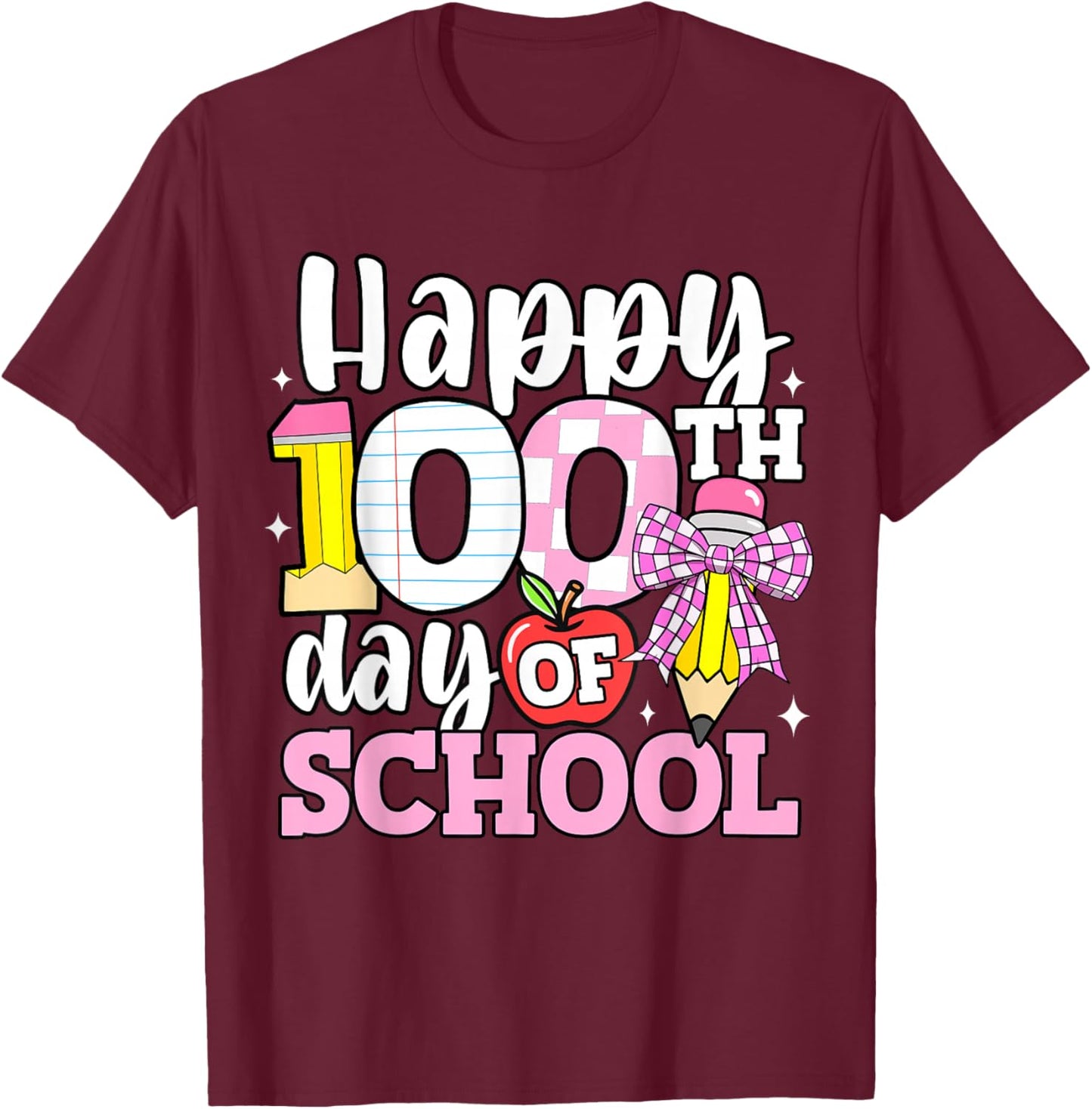 Happy 100 Days of School Teacher 100th Day Bow Girls Kids T-Shirt - T-Shirt | Maroon