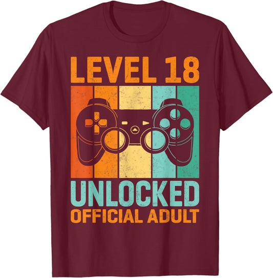 Retro Level 18 Unlocked Official Adult Gamer 18th Birthday T-Shirt - T-Shirt | Maroon