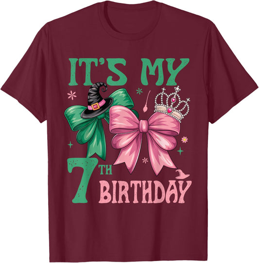 7th Birthday Girl Its My 7th Birthday Witch Pink and Green T-Shirt - T-Shirt | Maroon