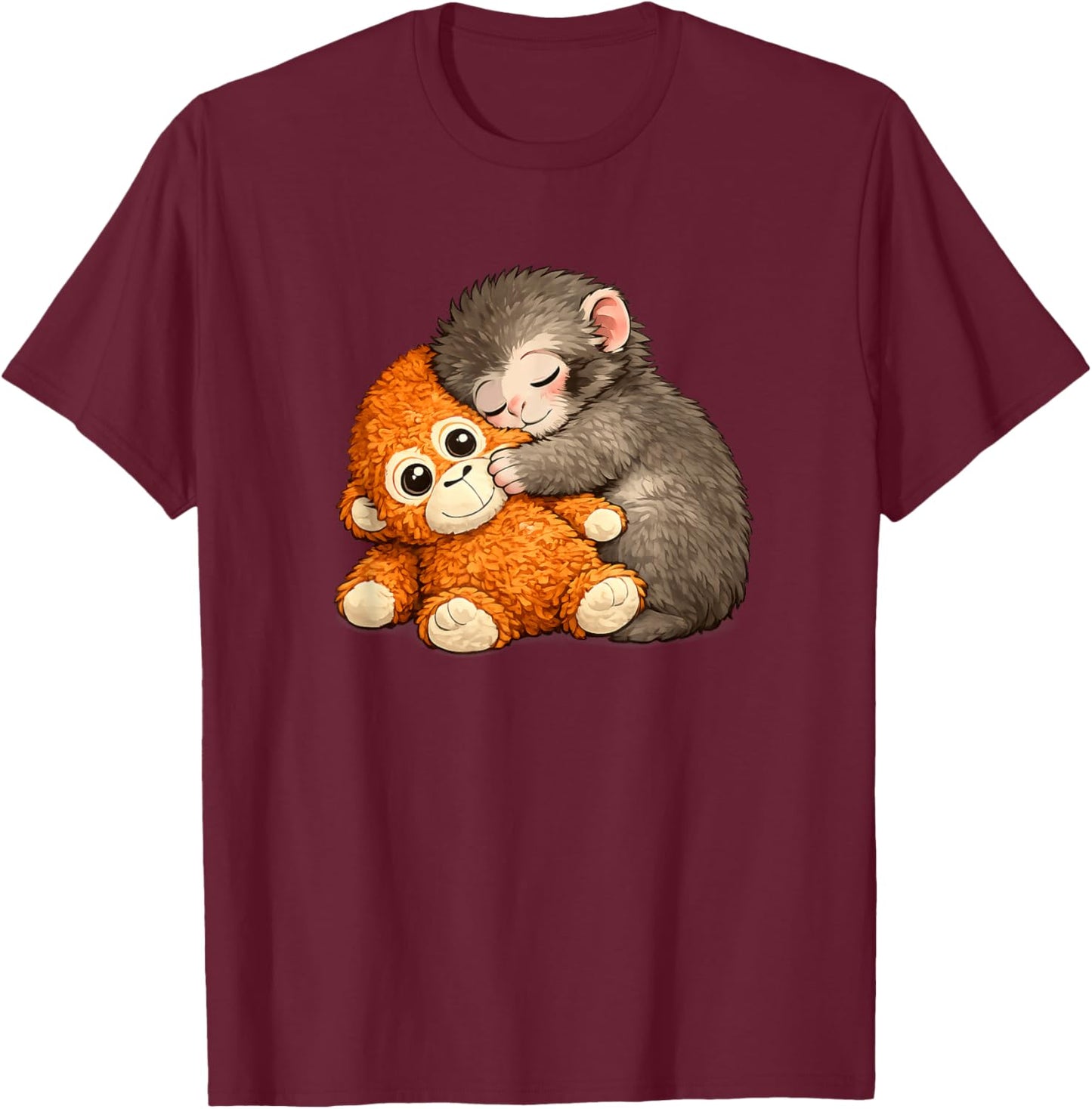 Punch Monkey with Teddy Bear Cuddling Meme Viral Internet T-Shirt - T-Shirt | Maroon