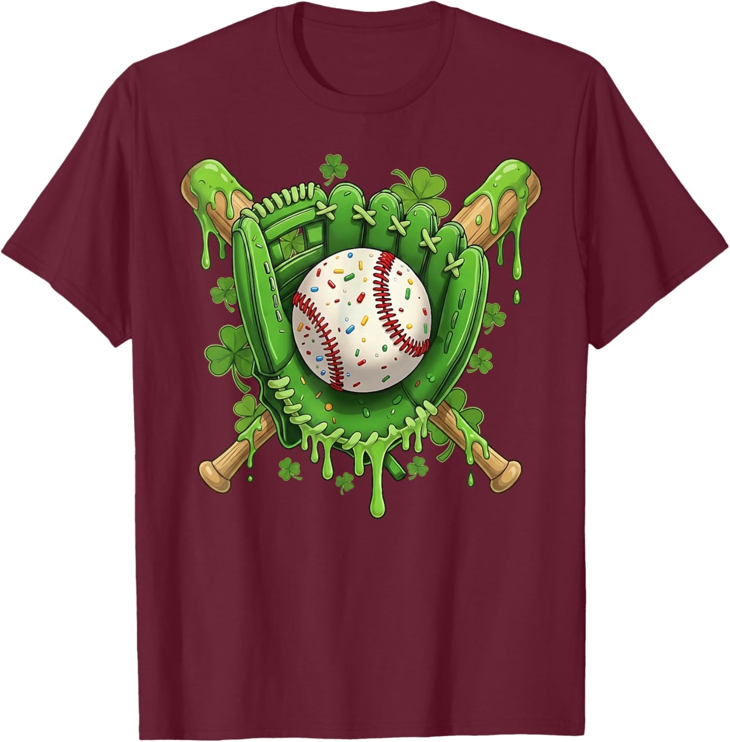 Lucky Shamrock Baseball Gloves Drip St Patrick's Day Boys T-Shirt - T-Shirt | Maroon