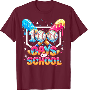 100 Days of School Ice Cream Baseball Player for Kids Boys T-Shirt - T-Shirt | Maroon