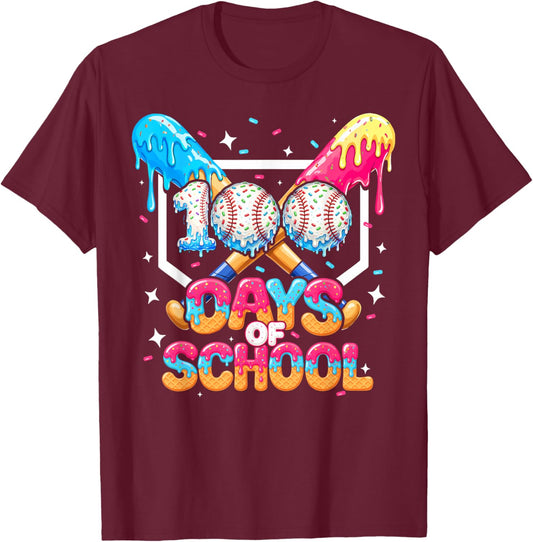 100 Days of School Ice Cream Baseball Player for Kids Boys T-Shirt - T-Shirt | Maroon