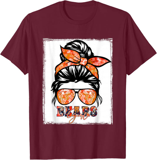 Retro Bears Girl Messy Bun Sports Team Matching Outfit T-Shirt - T-Shirt | Maroon