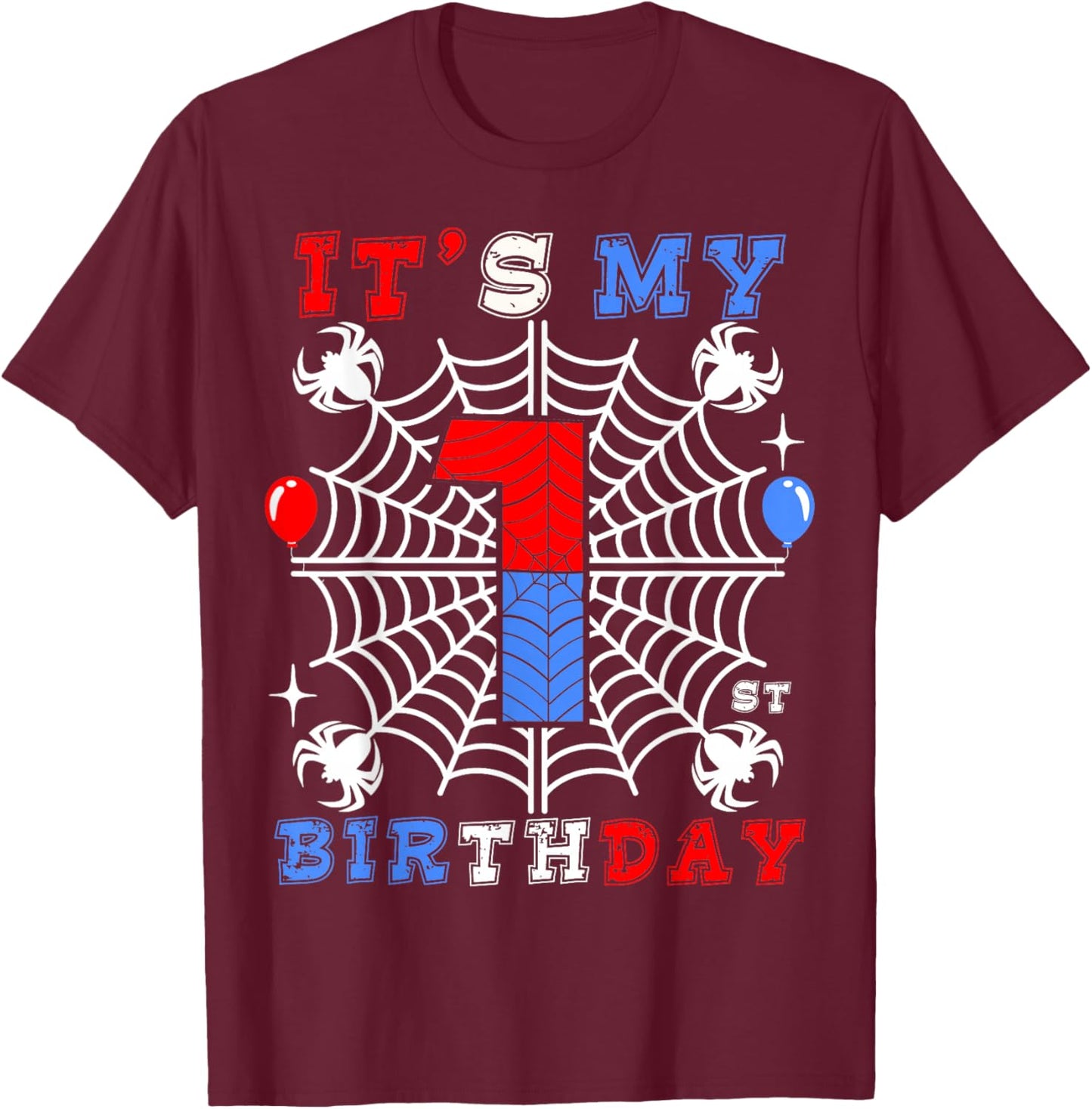 1st Birthday Spider-Theme 1st Birthday Spider Web Kids Boys T-Shirt - T-Shirt | Maroon