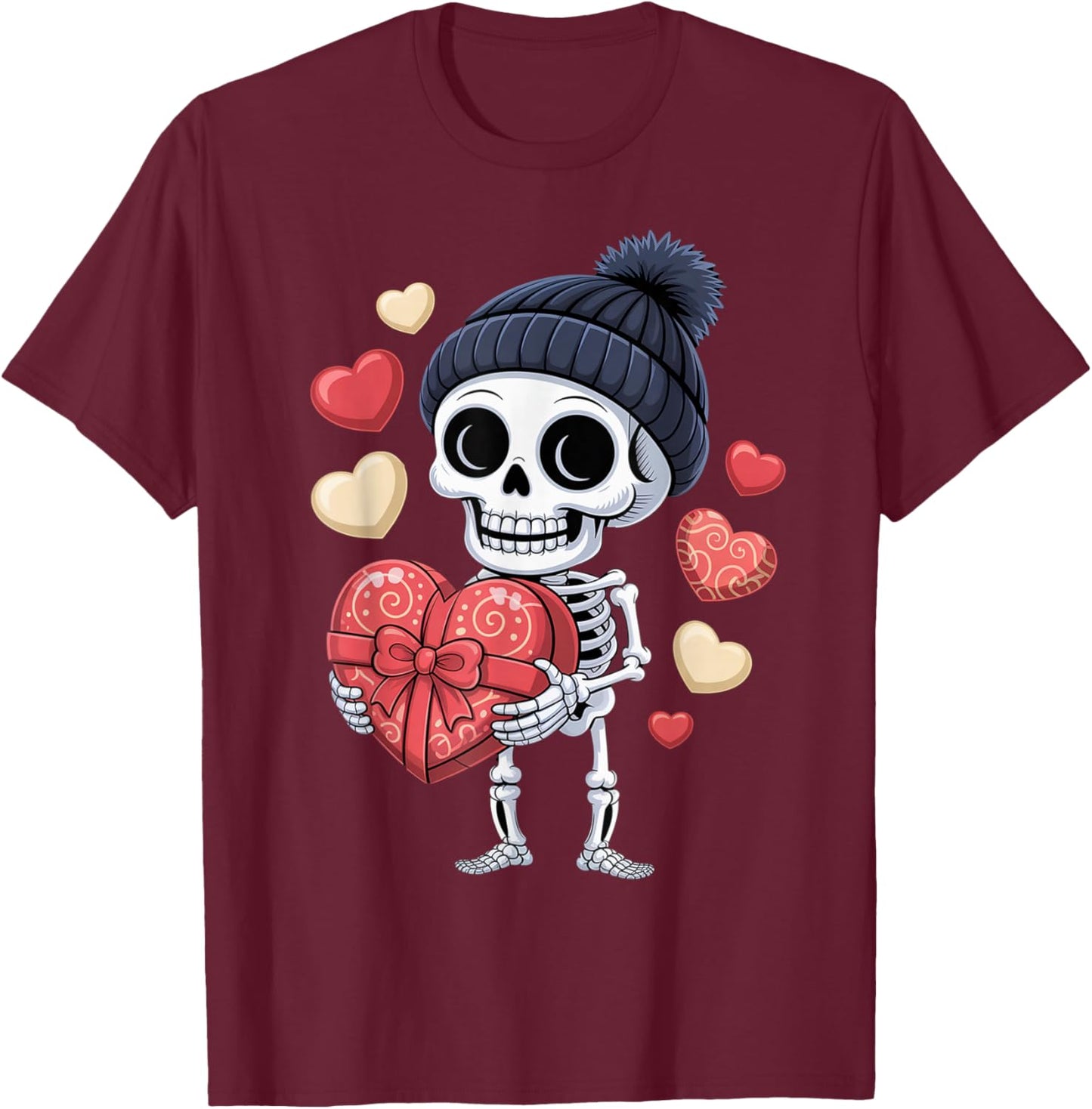 Valentine´s Day Skeleton Holding Big Heart Love T-Shirt - T-Shirt | Maroon