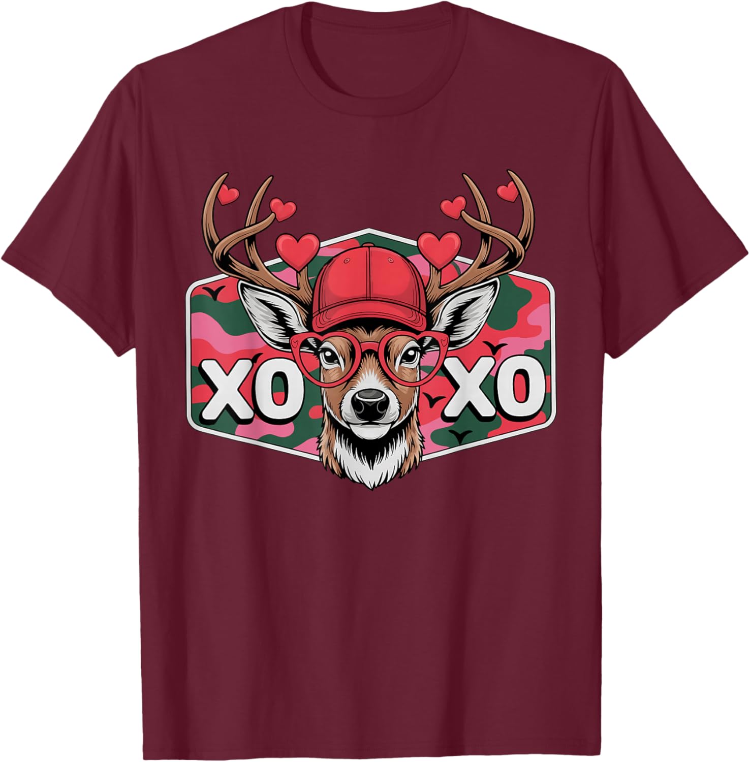 Valentine Retro Camo Buck XOXO Love Deer Hunting Cute Hunter T-Shirt - T-Shirt | Maroon