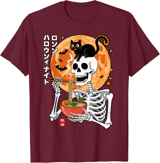 Spooky Skeleton Eating Ramen Bowl with Cat Halloween T-Shirt - T-Shirt | Maroon
