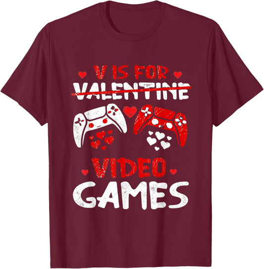 V is for Video Games Funny Valentines Day Gamer Boy Men Kids T-Shirt - T-Shirt | Maroon