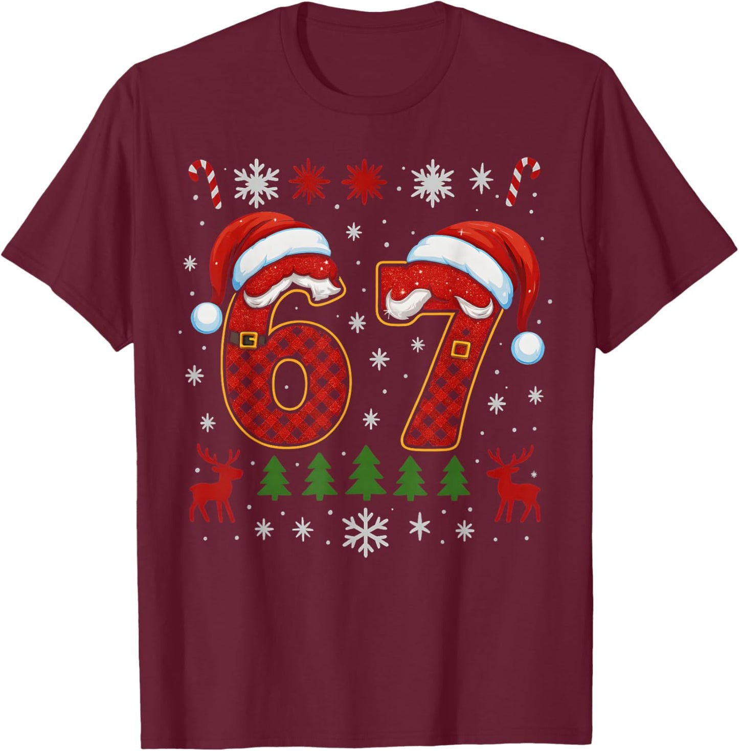HUGvyn Funny 67 Six Seven Squad Meme Christmas Ugly Sweater T-Shirt - T-Shirt | Maroon