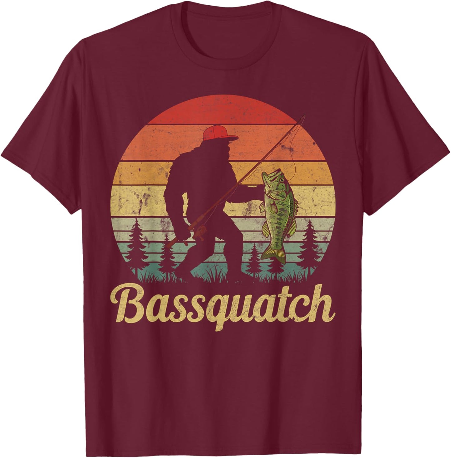 Bassquatch Bass Fishing Humor Bigfoot UFO Sasquatch Gifts T-Shirt - T-Shirt | Maroon