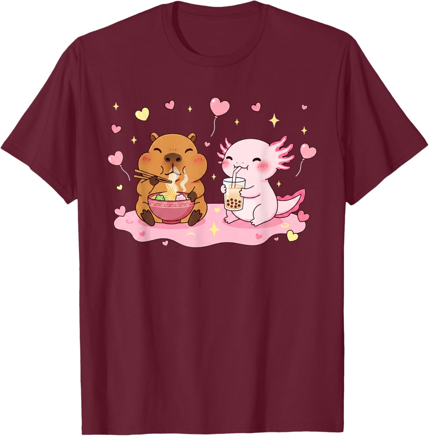 Cute Capybara Ramen and Axolotl Boba Kawaii Kids Valentines T-Shirt - T-Shirt | Maroon