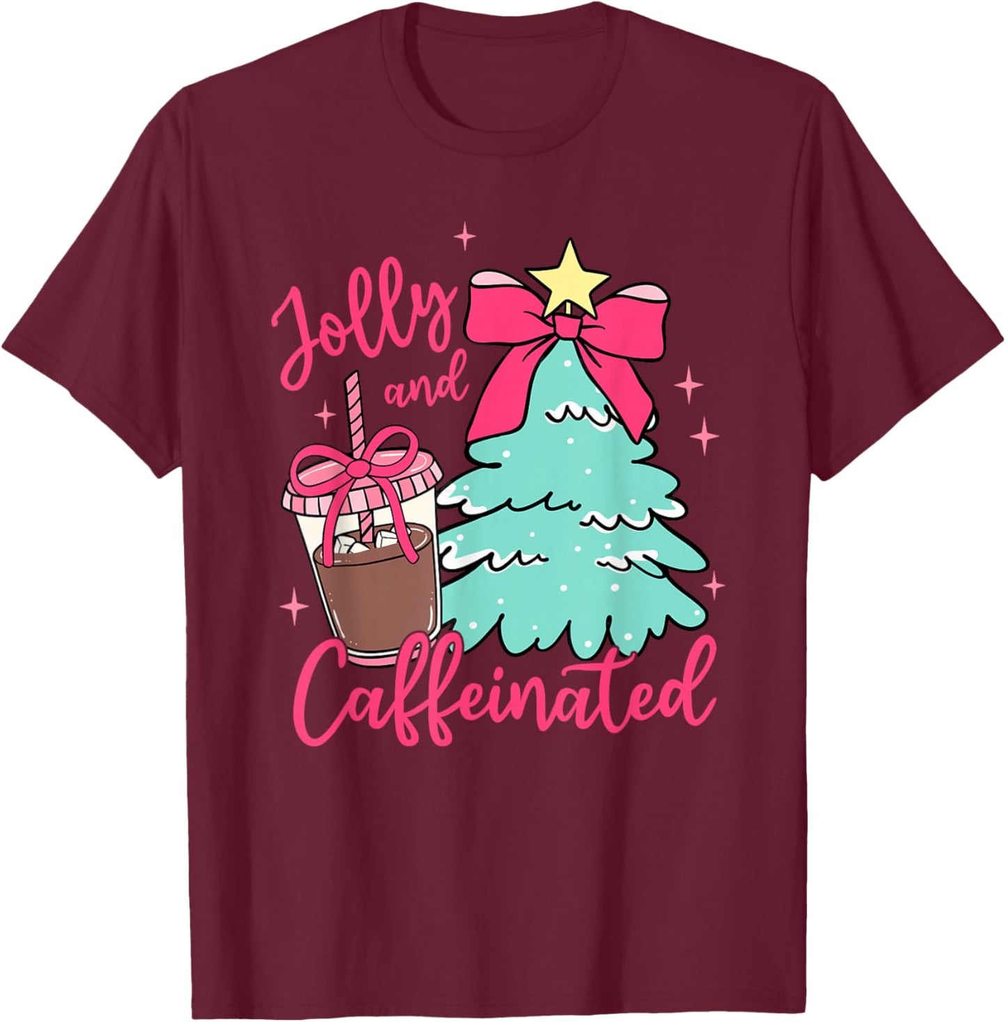Jolly and Caffeinated Coquette Christmas Tree Coffee Lover T-Shirt - T-Shirt | Maroon
