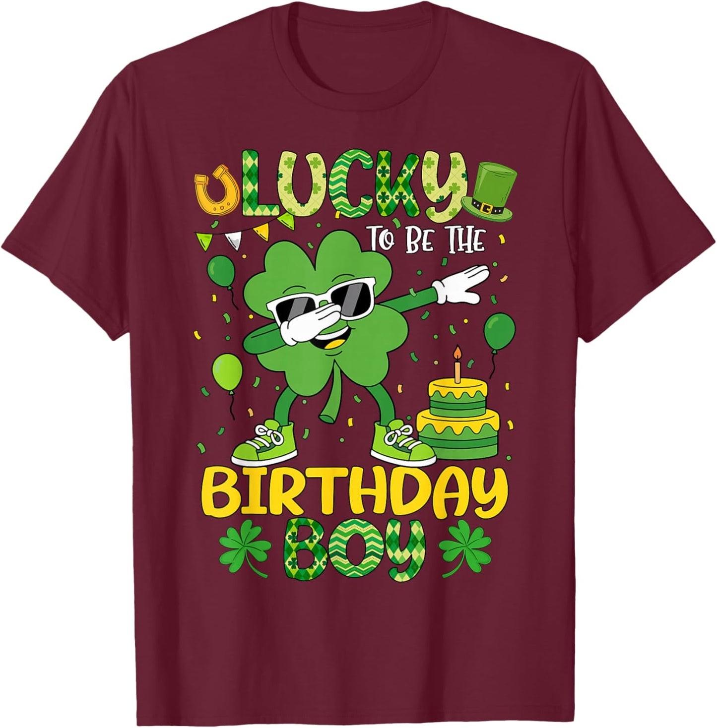 St Patricks Day Lucky Birthday Boy Shamrock Boy Men Kids T-Shirt - T-Shirt | Maroon