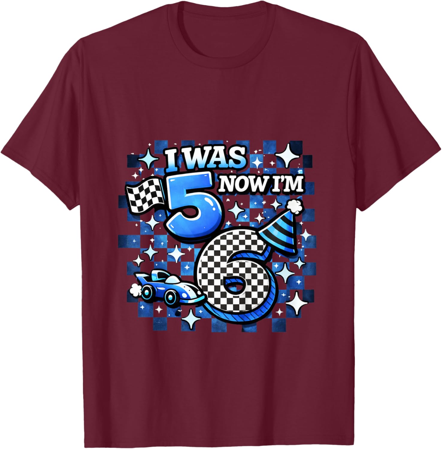 Blue Checkered I was 5 Now I'm 6 Funny Birthday Boy T-Shirt - T-Shirt | Maroon